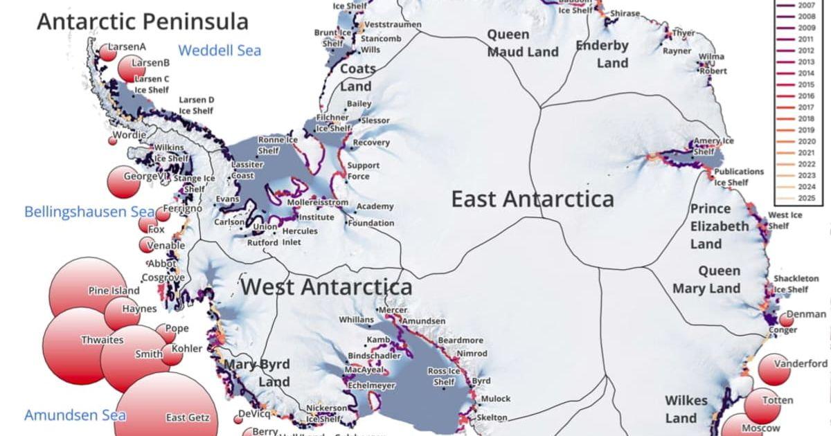 A study led by UC Irvine researchers using 30 years of satellite data has shown that 23 percent of Antarctica’s ocean-reaching glaciers are undergoing rapid retreat. (Cover Image Source:  Rignot research group | UC Irvine)