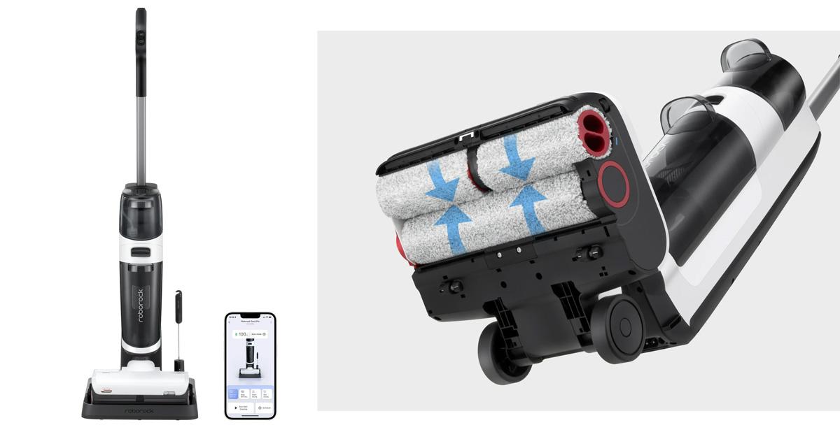 vacuum mop combo with a smartphone beside it showing the app