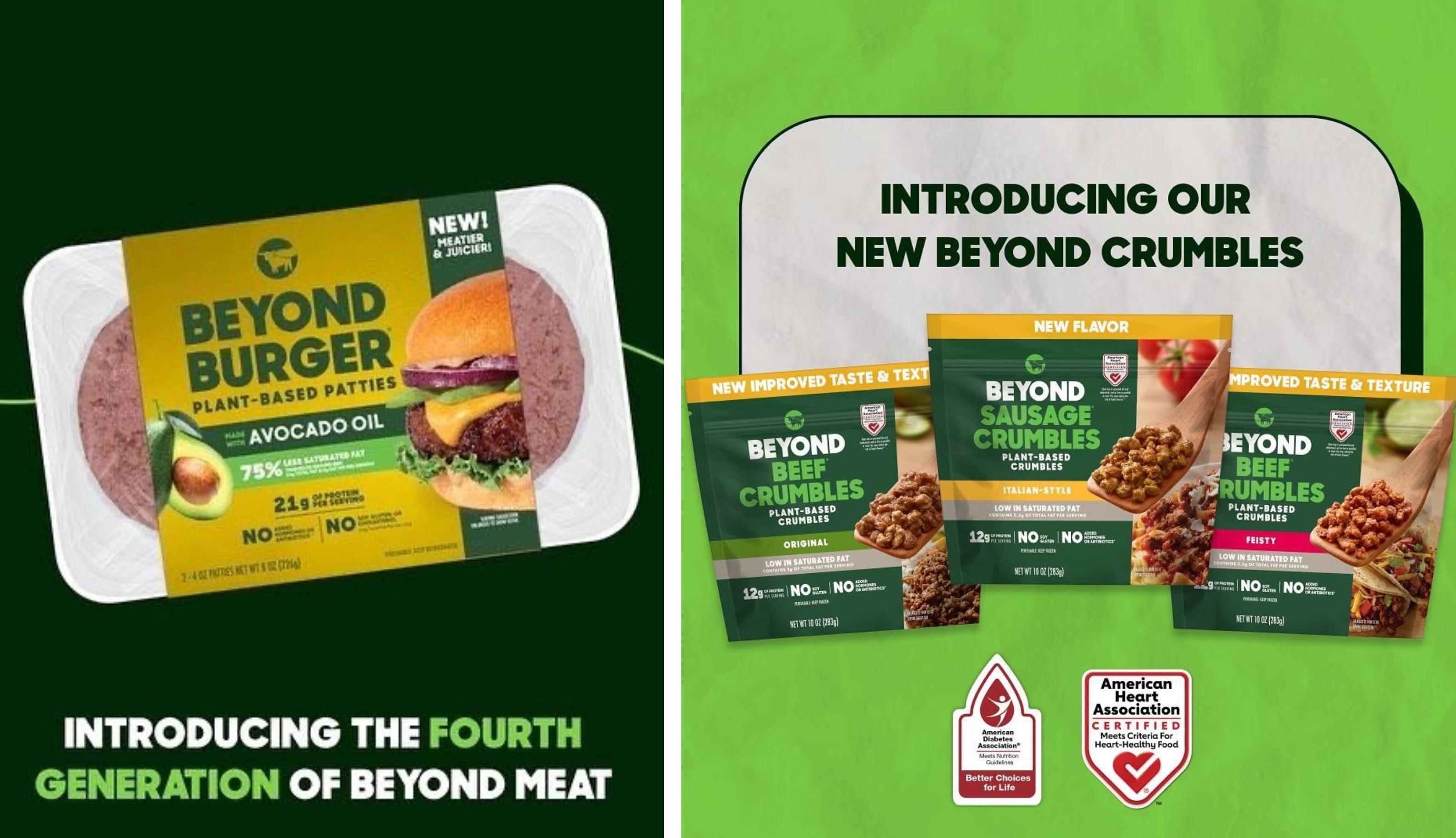 Two Beyond Meat products are pictured, the Beyond Burger and Beyond Crumbles.