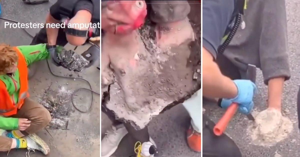Screenshots of a TikTok video of climate activists cementing hands in protest.