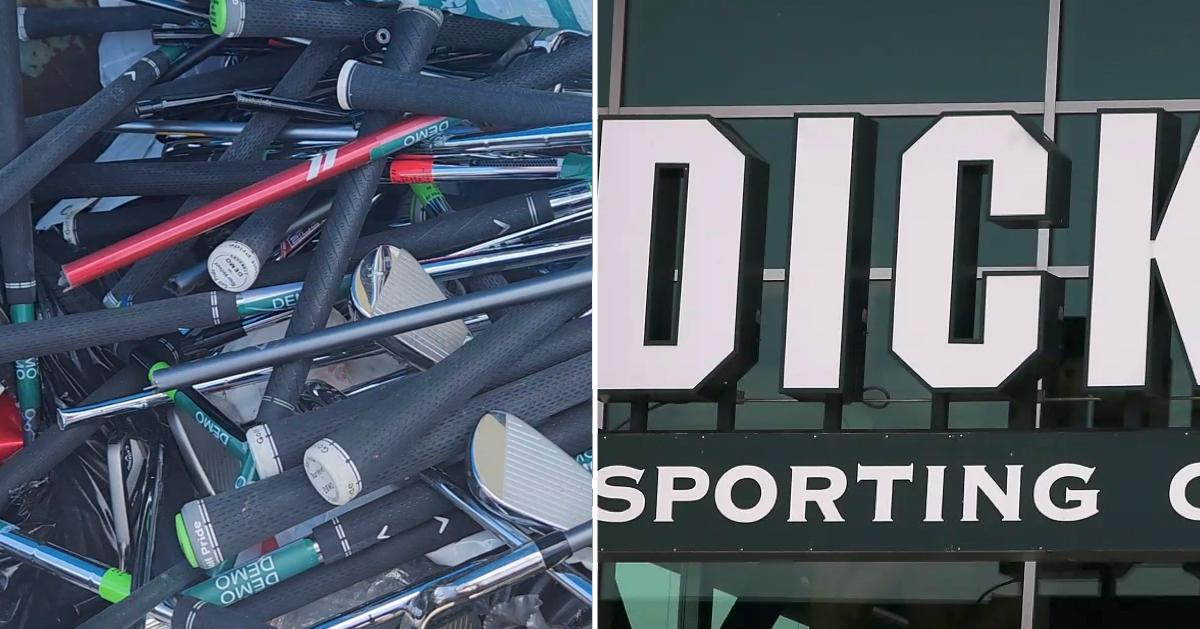 Broken golf clubs in a dumpster, a Dick's Sporting Goods storefront