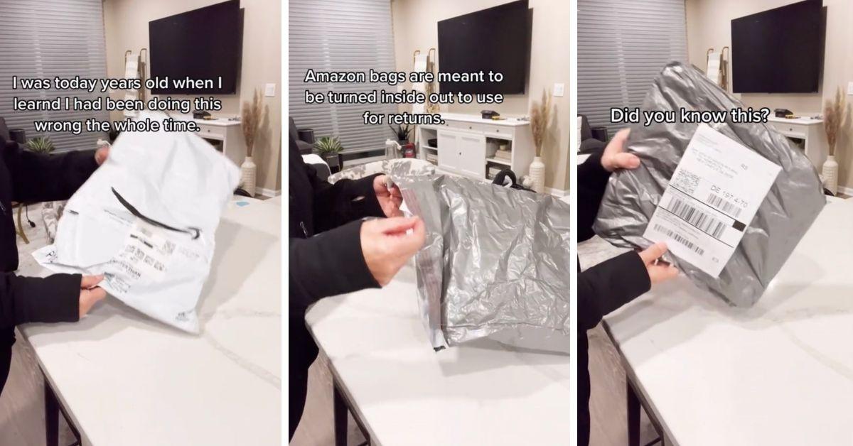 Screenshots from TikTok video on turning Amazon bags inside out for returns. 
