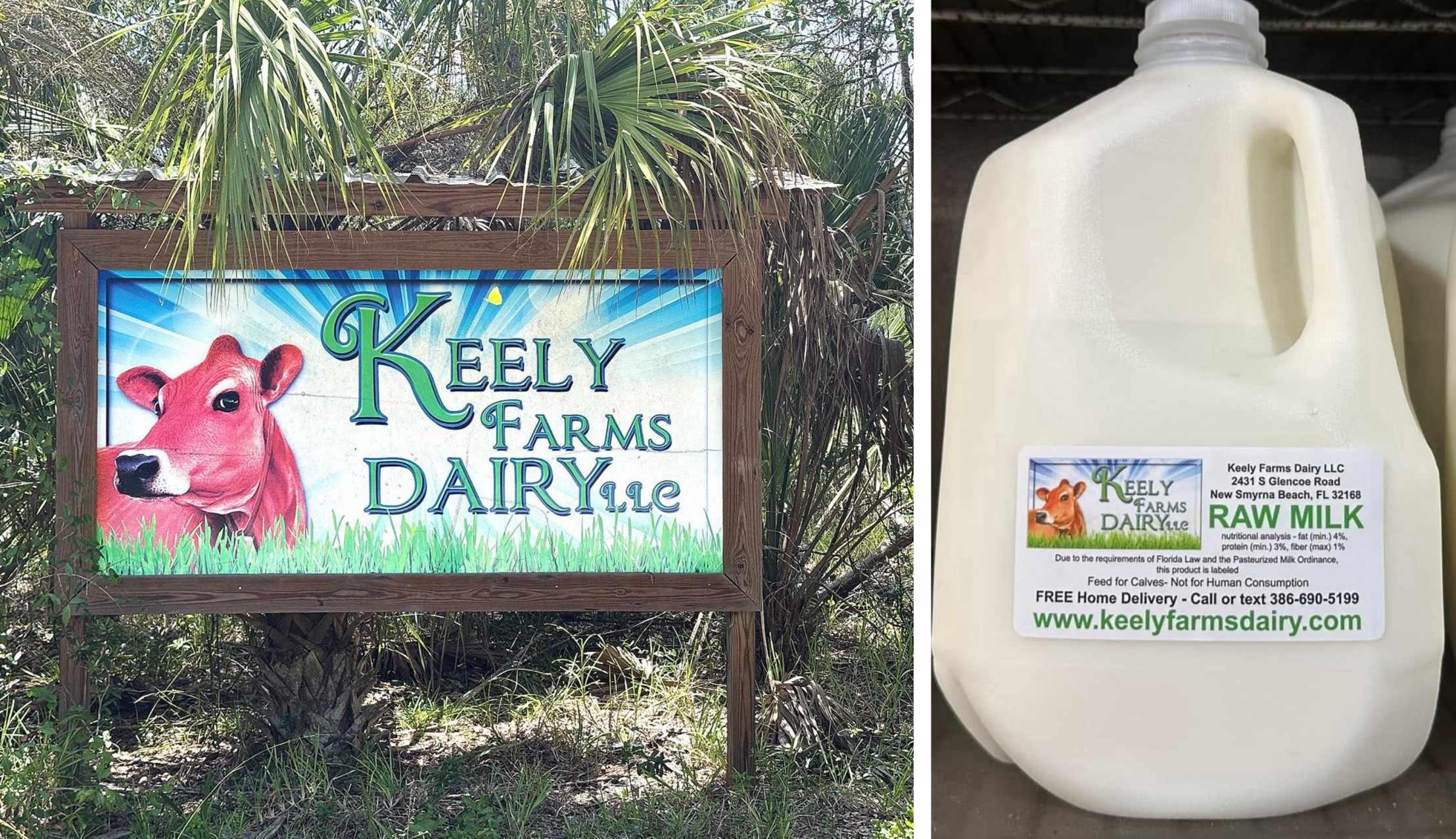 The Keely Farms Dairy sign is pictured next to a jug of their raw milk.