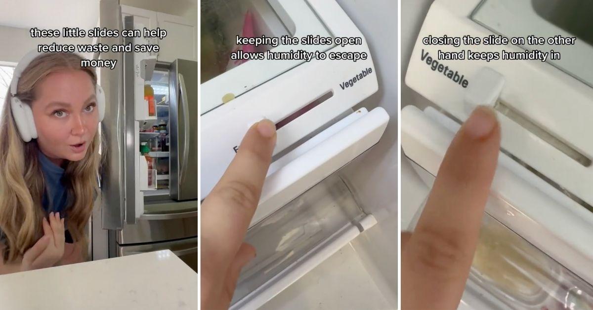 Screenshots about TikTok on a fridge crisper drawer hack.