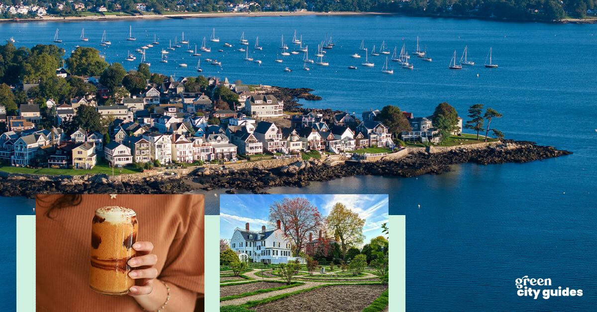 Salem, Mass., coastal landscape photo along with smaller images of a Halloween-themed pumpkin smoothie and the Ropes Mansion garden 