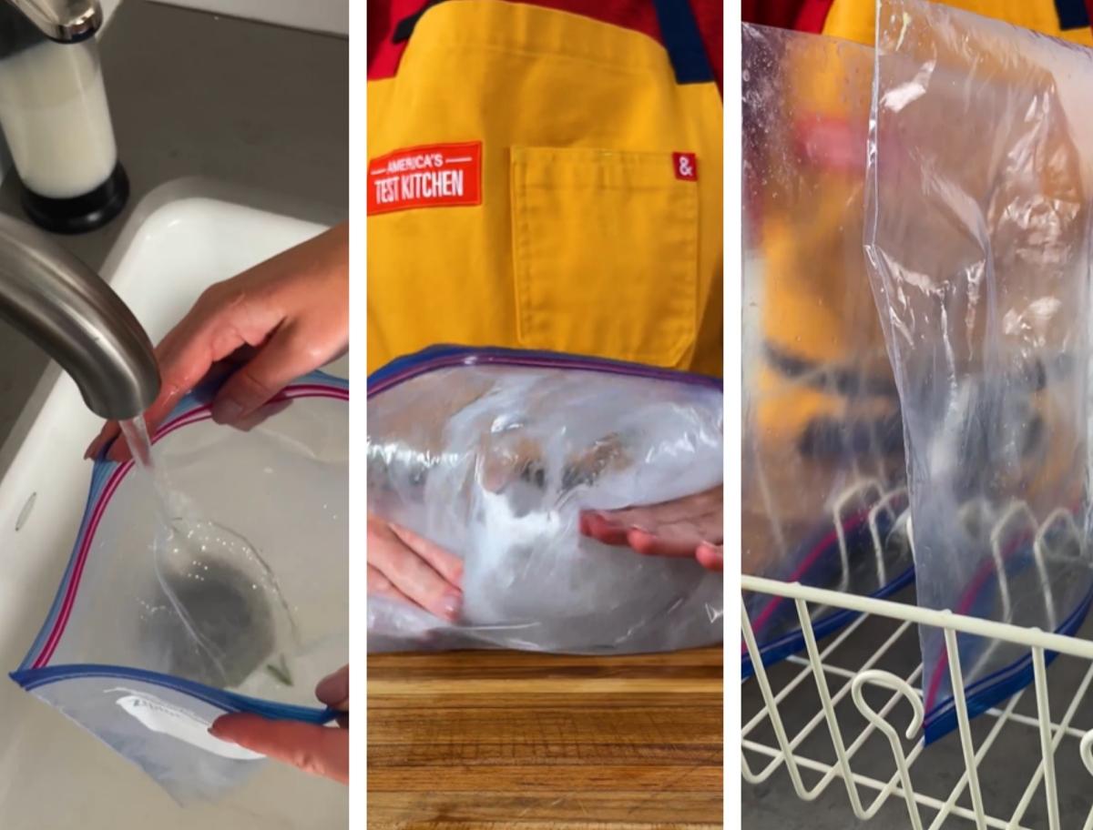 Three screenshots of a TikTok washing Ziploc bags