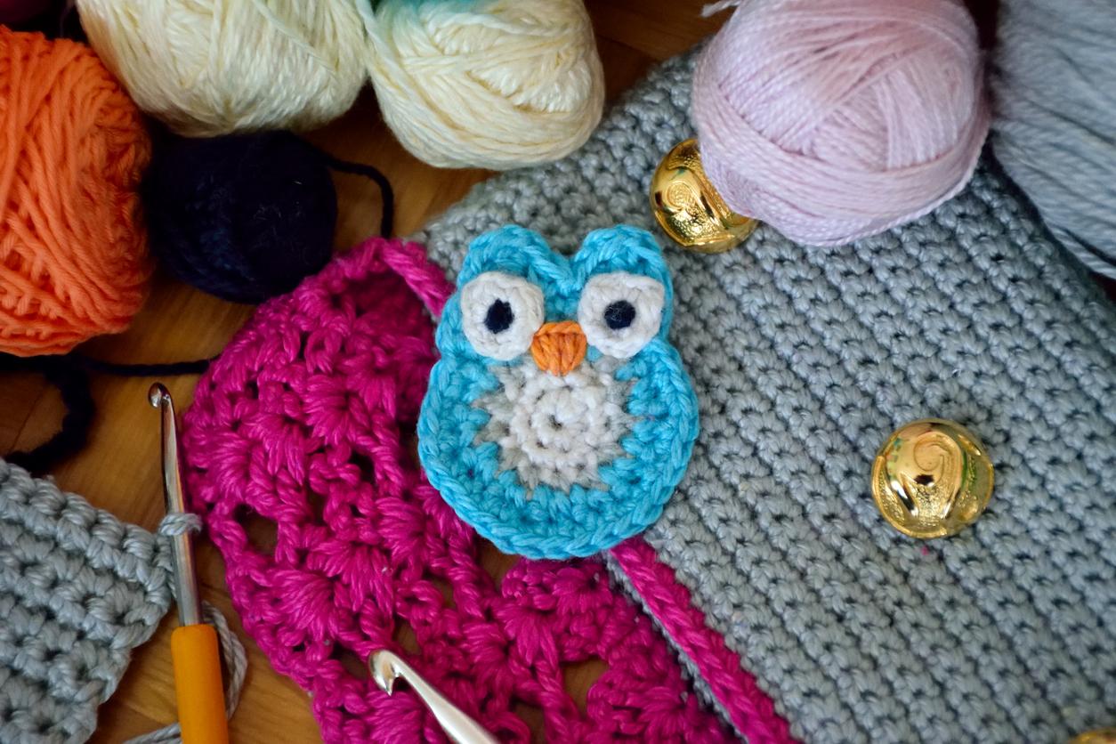 A small blue and white crocheted owl surrounded by various colors of yarn and a crochet hook.