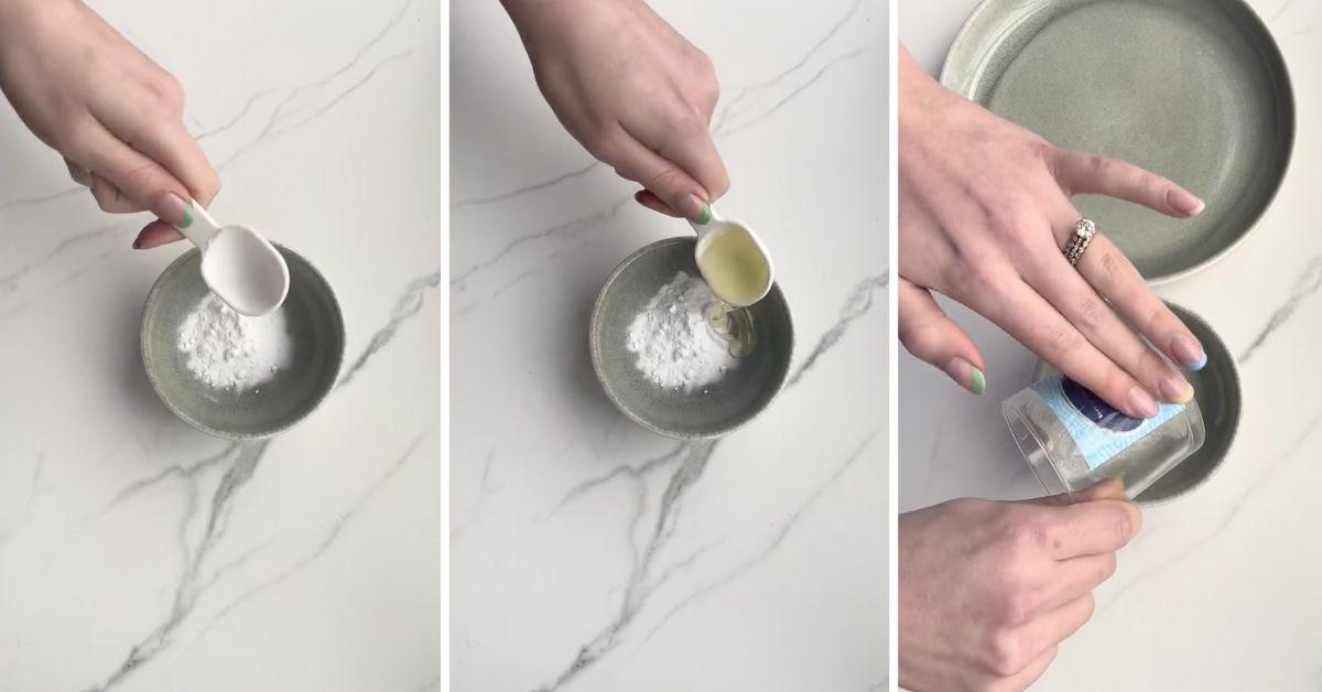 Screenshots from TikTok showing how to remove labels from glass jars. 