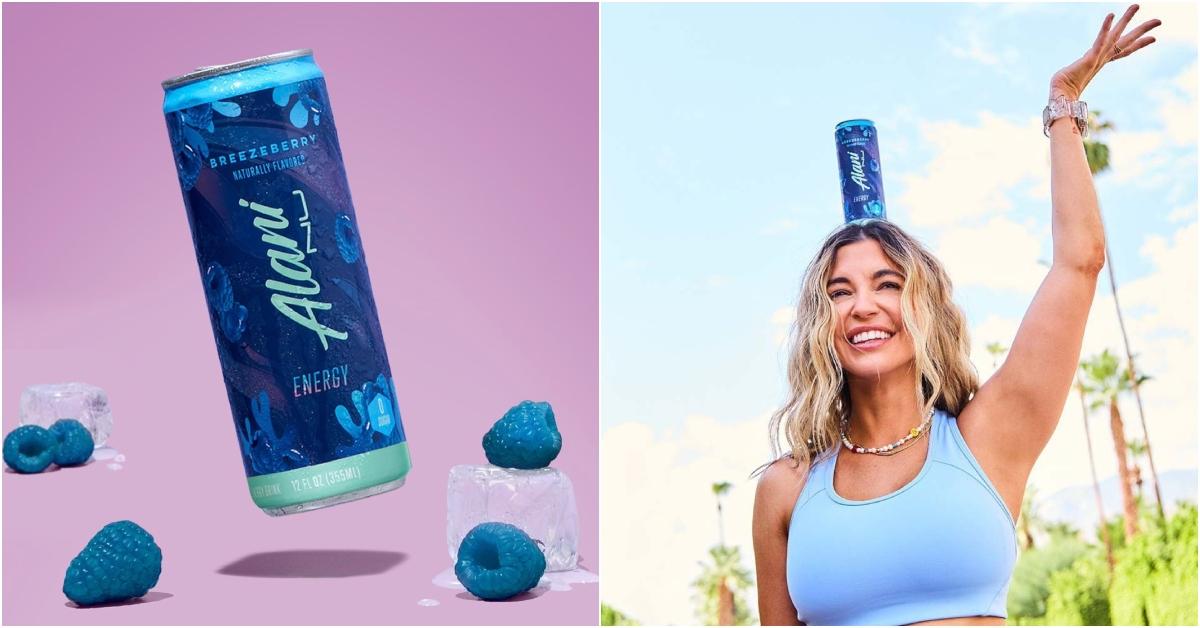 A photo of Alani Nu's energy drink in the flavor "Breezeberry" floating next to blue raspberries (right), a woman stands with one arm up as an energy drink balances on her head (left). 