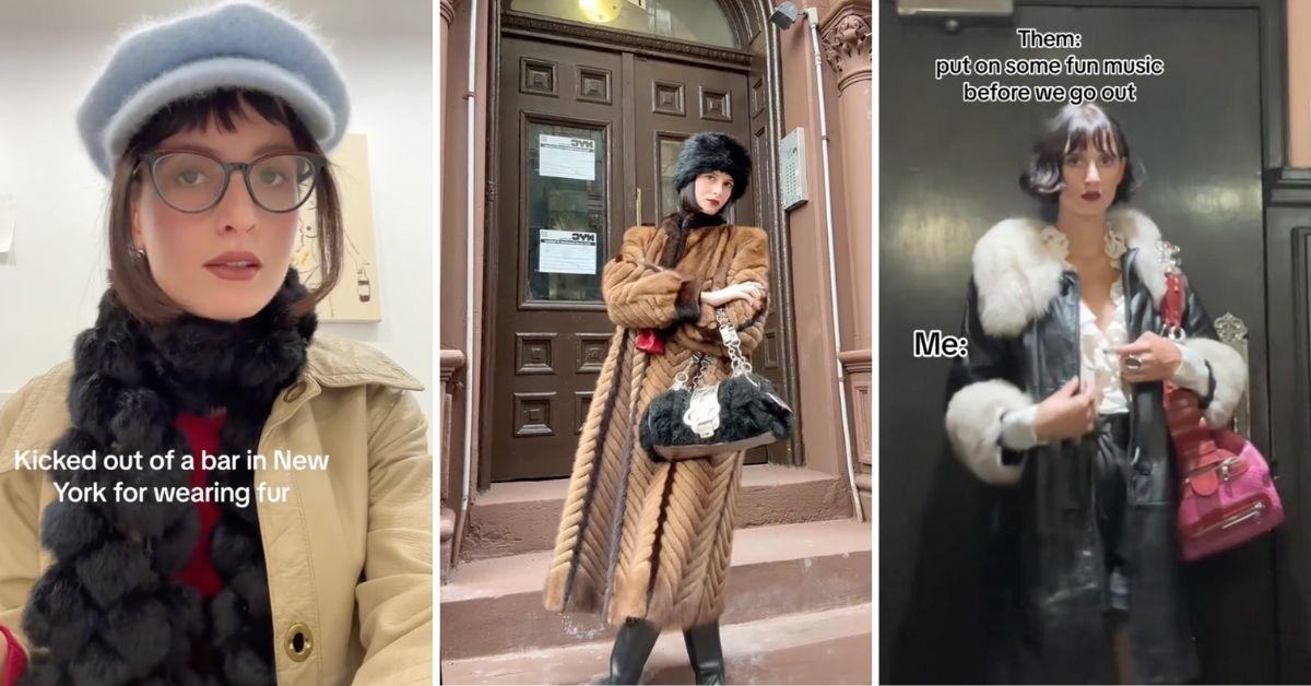 Screenshots of TikTok creator wearing her vintage furs.