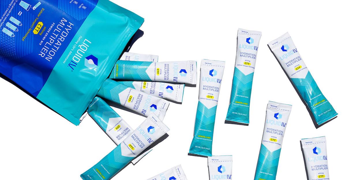 A pack of small packets of Liquid I.V.’s Hydration Multiplier, available in Lemon Lime, Acai Berry, and Passion Fruit flavors.