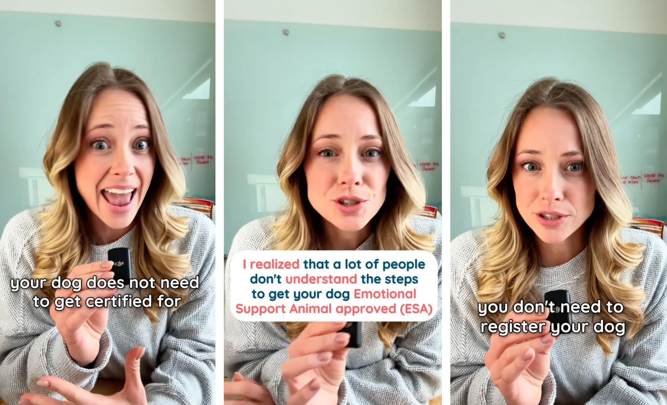 Three screenshots depict a Support Pets influencer discussing the company's service.