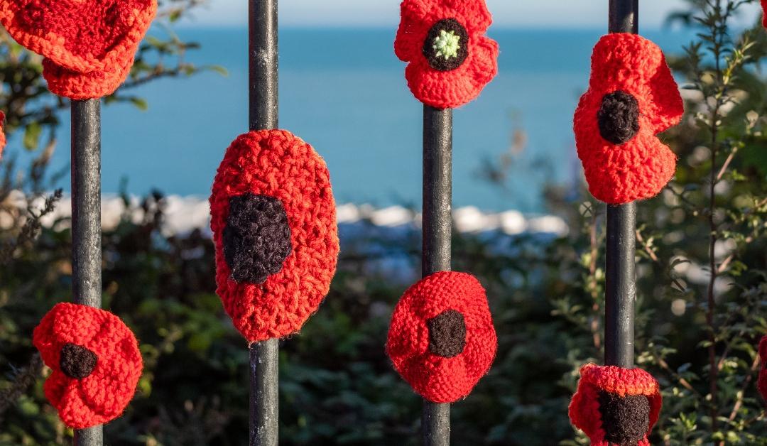 Seven hand-knitted remembrance red poppies on The Leas, Folkestone, Kent, UK