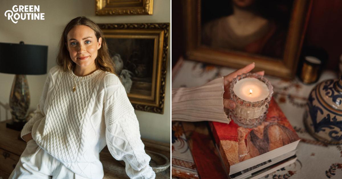 Headshot of YouTuber and DIY interior design expert MaCenna Lee by Makenzi Rempel beside a photo for a hand holding an  Auden Lueur candle above a stack of books 