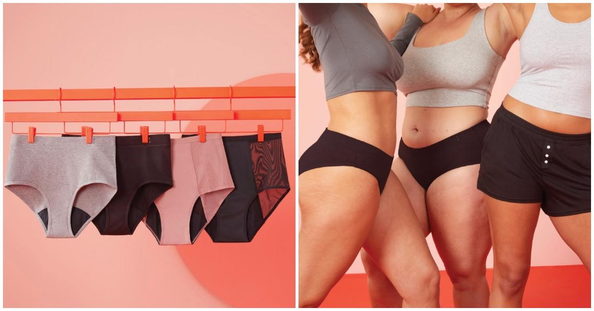 Four pairs of Thinx underwear hang on an orange clothesline in front of a pink background (left), three people wearing black Thinx underwear stand next to each other in front of a pink background. 