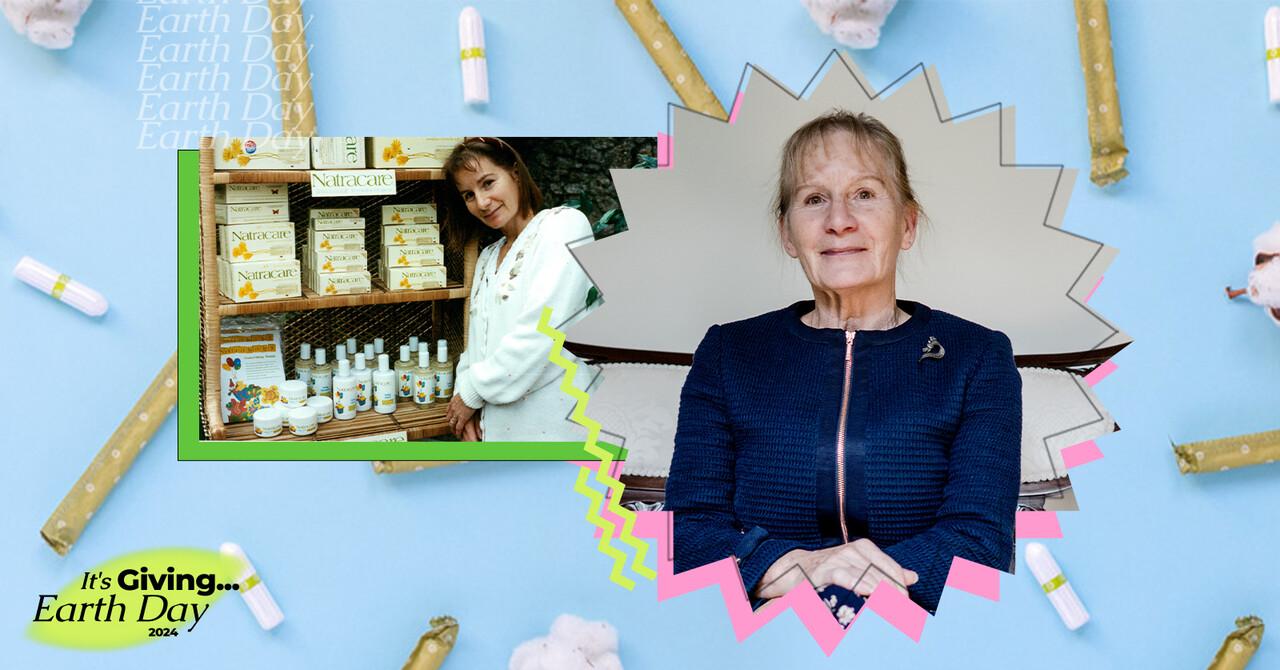 Two headshots of Natracare founder and owner Susie Hewson layered over a light blue background image featuring organic, plastic-free tampons 