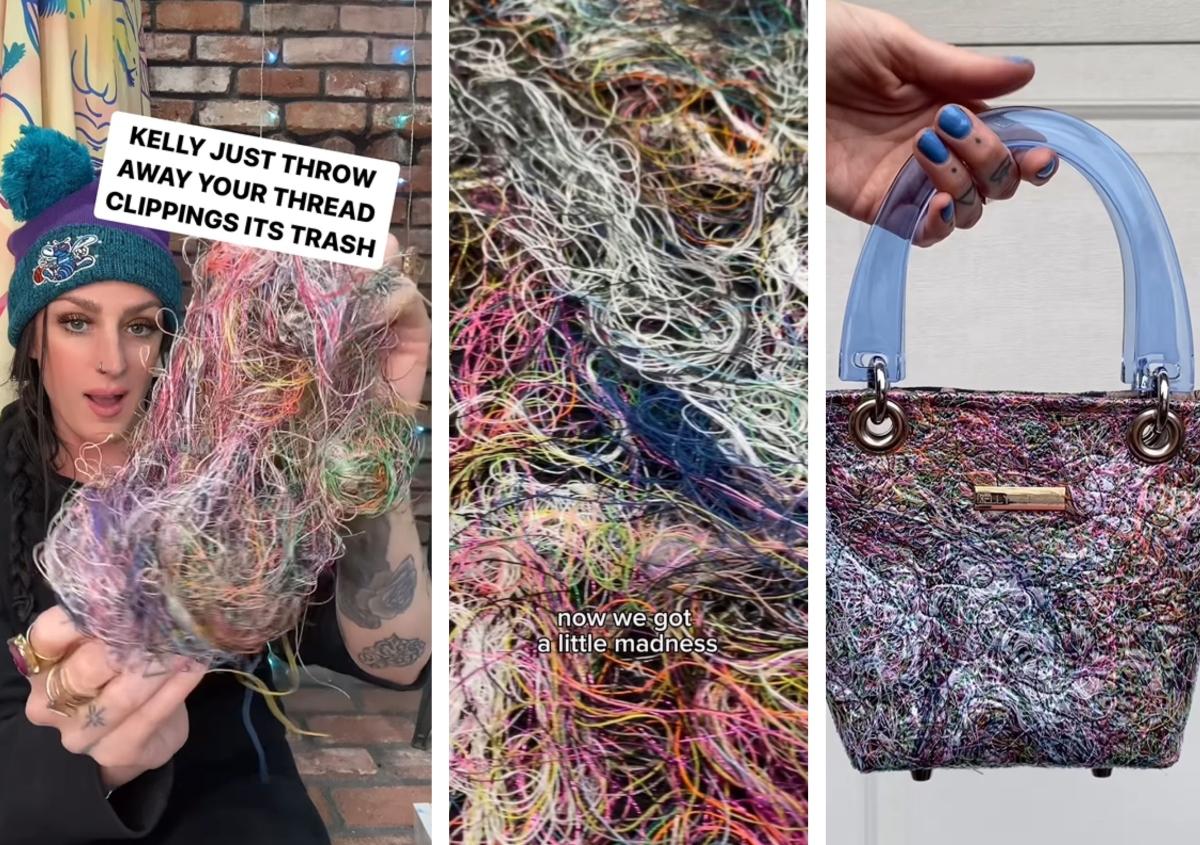 colorful threads recycled into a handbag