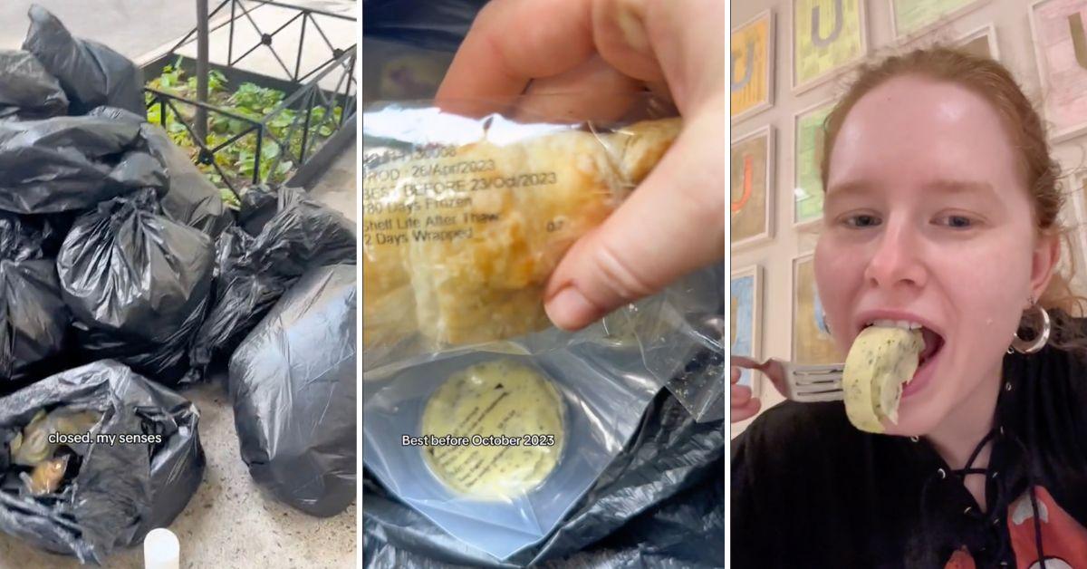 Three screenshots from The Trashwalker's TikTok video showing a Starbucks dumpster dive. 