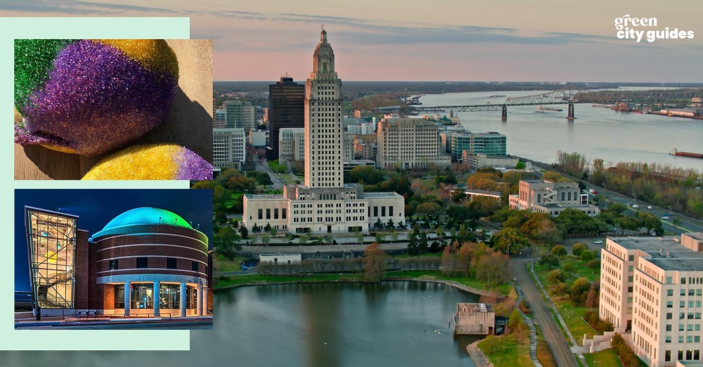 Background photo of Louisiana's capital city, Baton Rouge, with two smaller images of vegan king cakes, and the Louisiana Art & Science Museum 