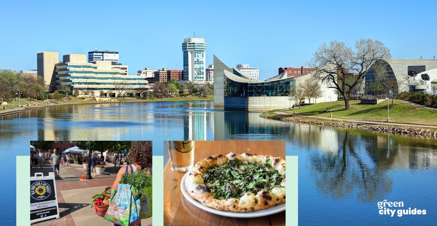 Over an image of a river in Wichita, Kansas is an inset photo of a farmers market, and a photo of a pizza.