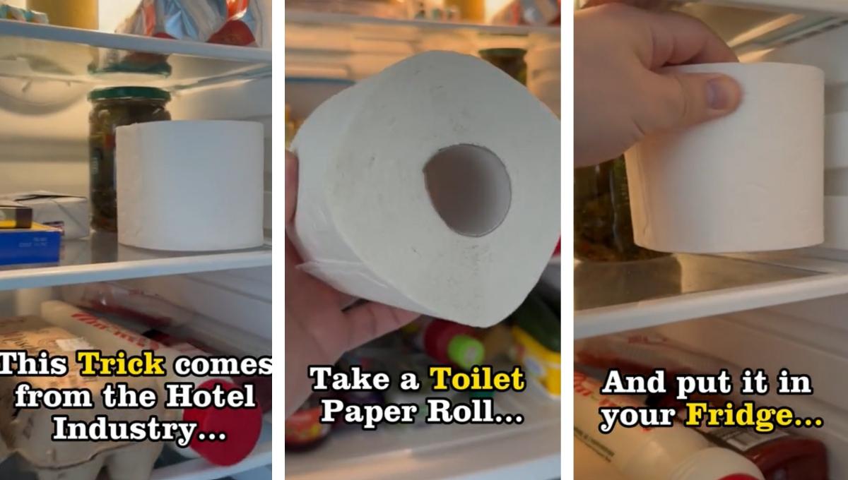 Three screenshots of a video showing a toilet paper roll in a fridge