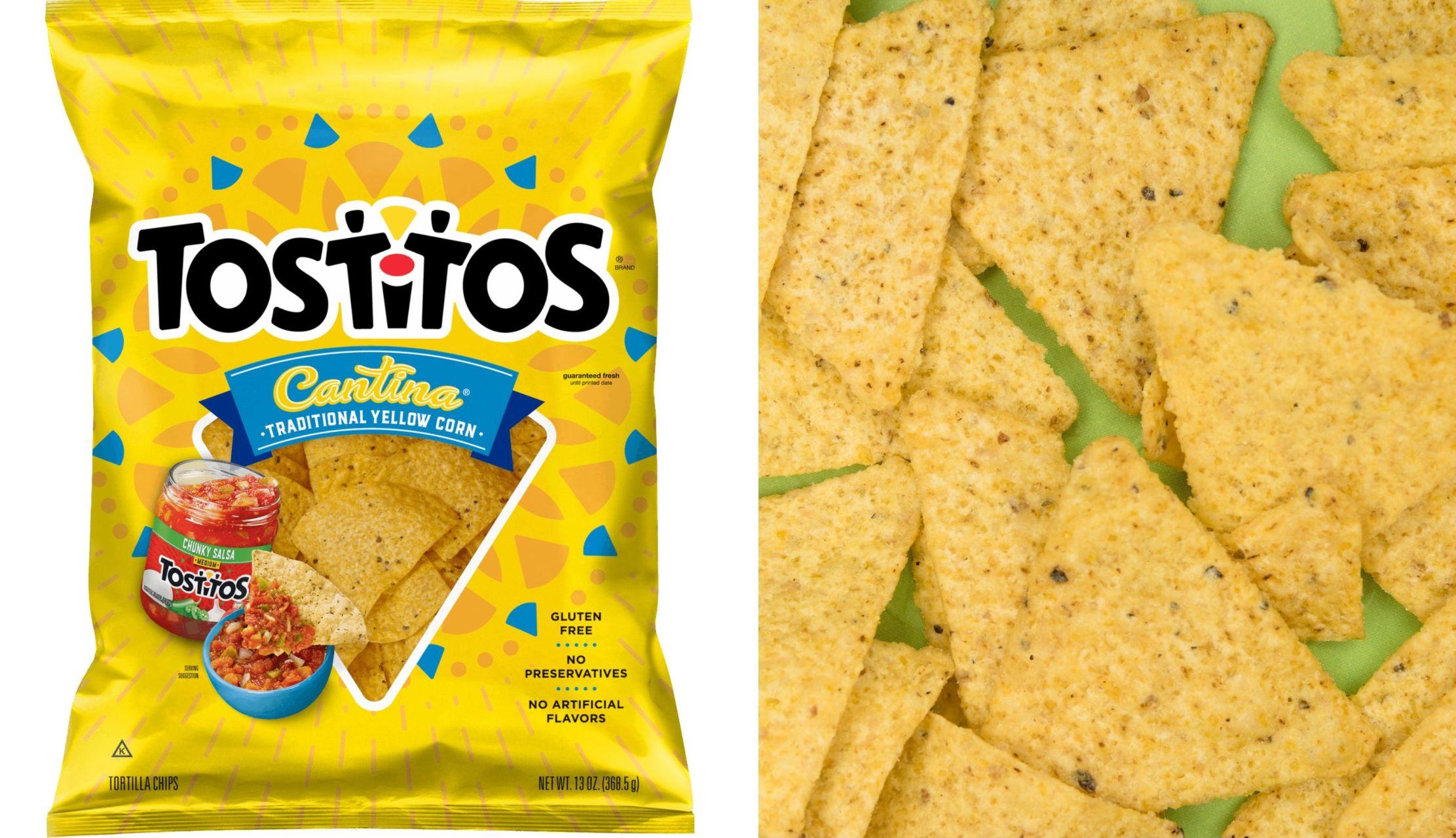 A bag of Tostitos chips appears on the left beside loose tortilla chips.