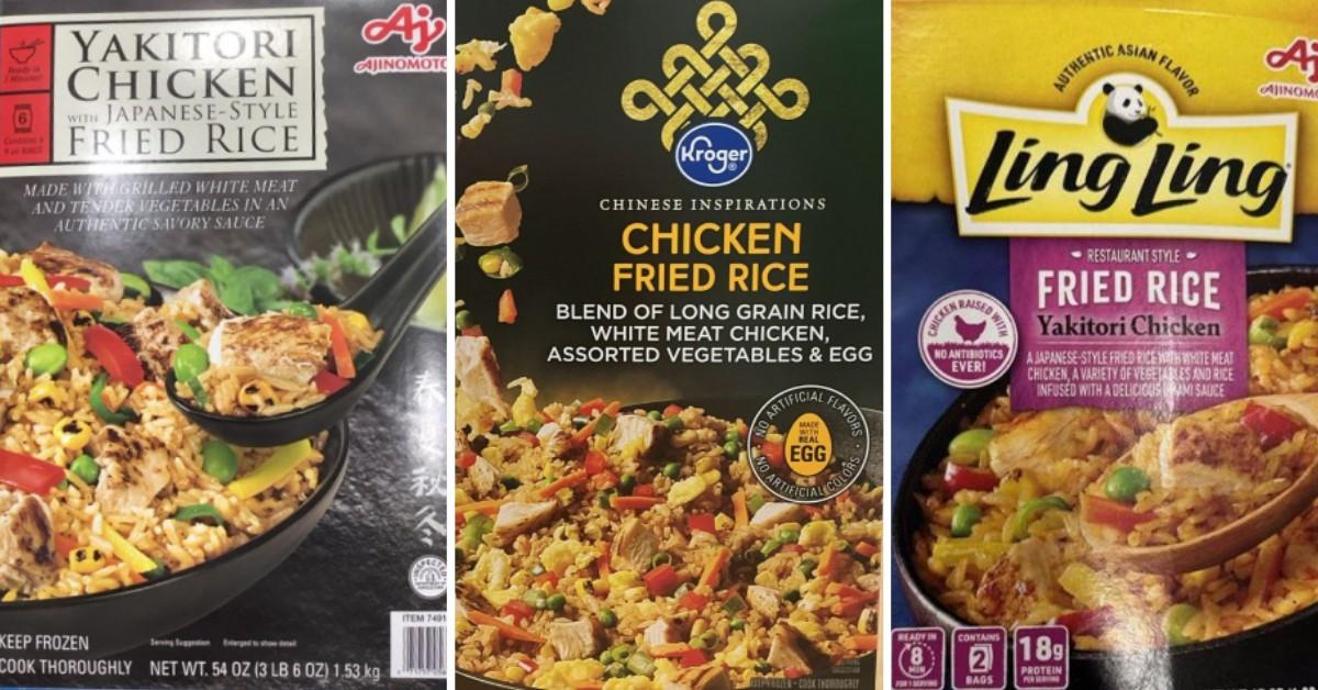 Packages of recalled items that feature fried rice, veggies, and checken