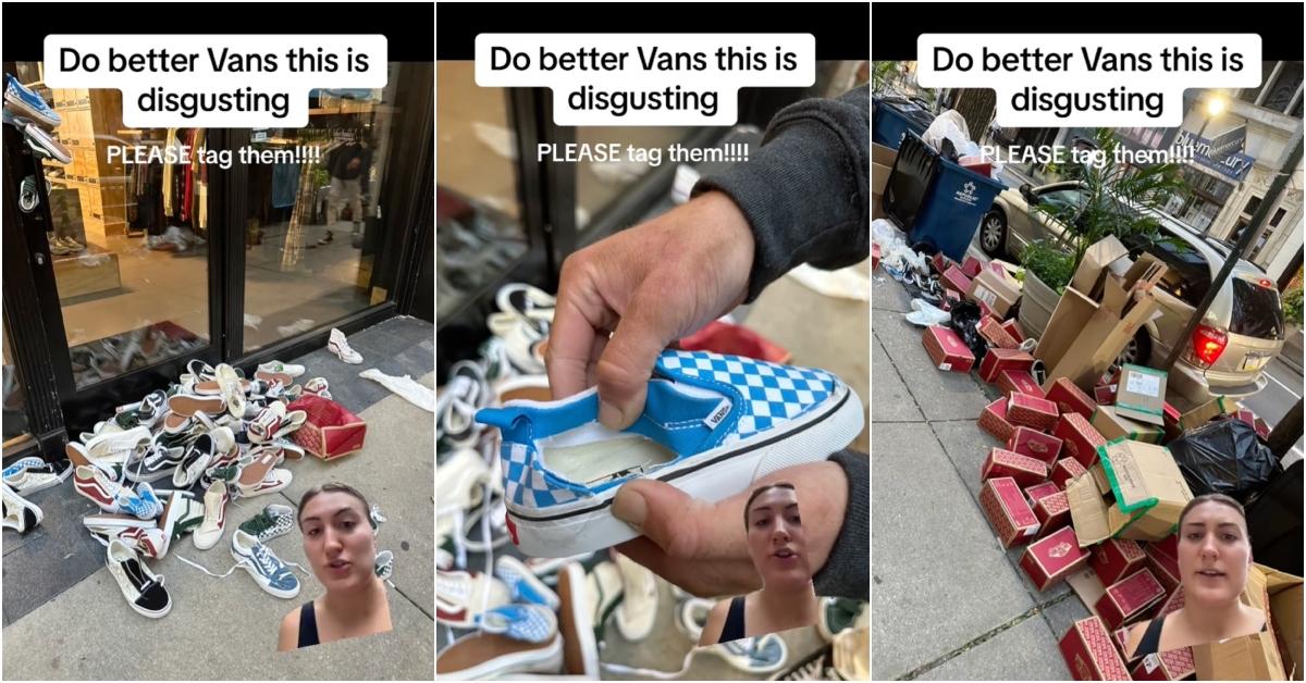 Three screenshots from Sophia Shiaroli's TikTok video titled "Do better Vans this is digusting,"featuring an array of Vans shoes thrown on the street. 