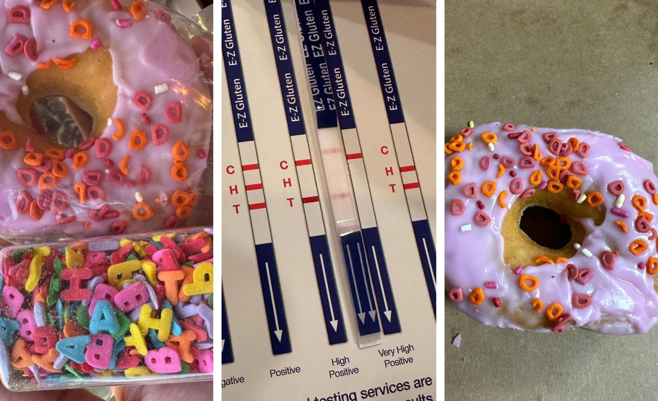 Three pictures display the Dunkin' Donuts item passed off as vegan and gluten free, as well as a test to assess a food's gluten levels.
