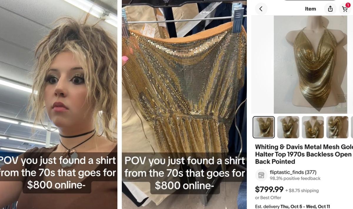 Girl showing gold vintage top she bought