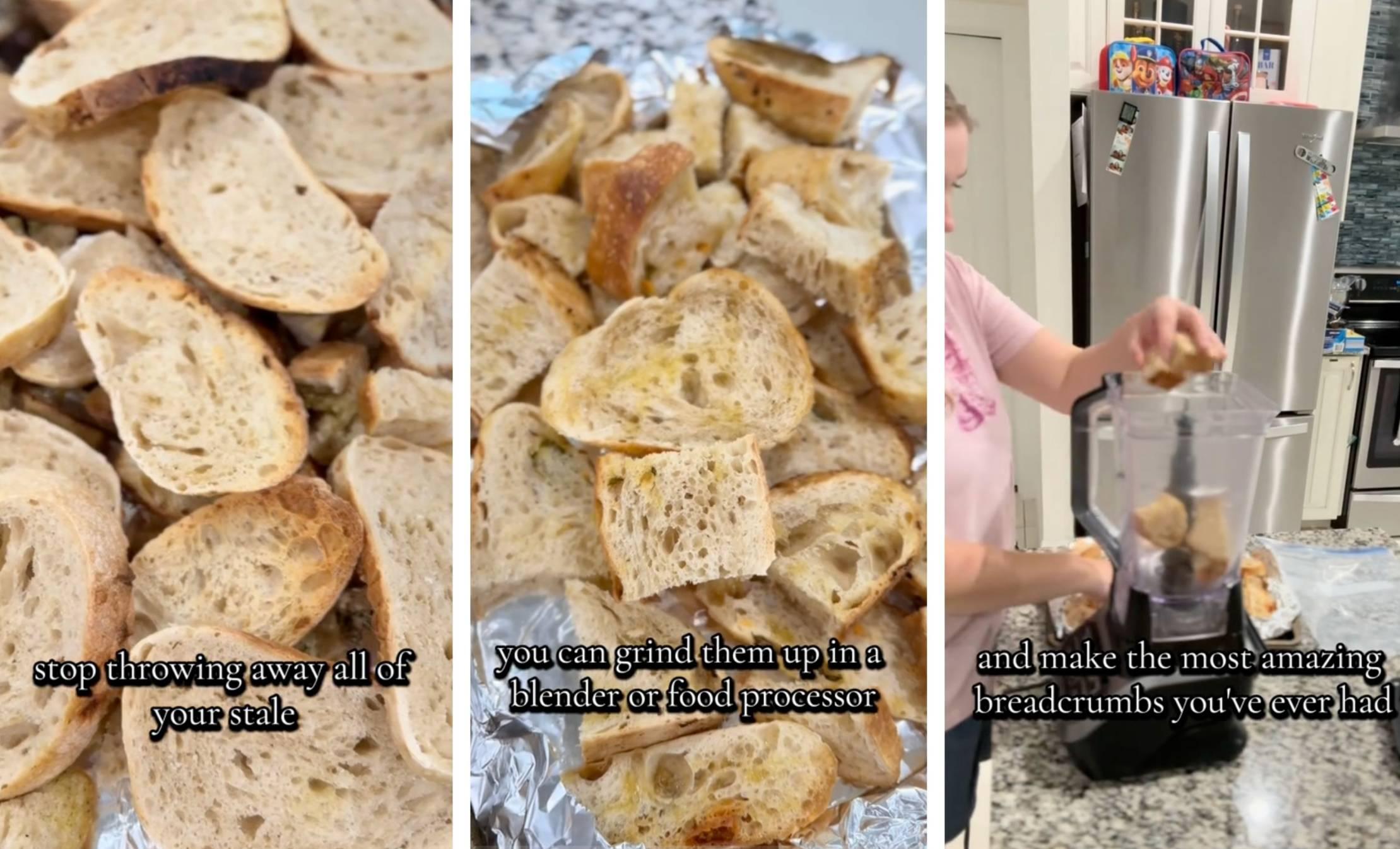Three screenshots depict TikTok user crustycravingsbyh repurposing stale sourdough bread.