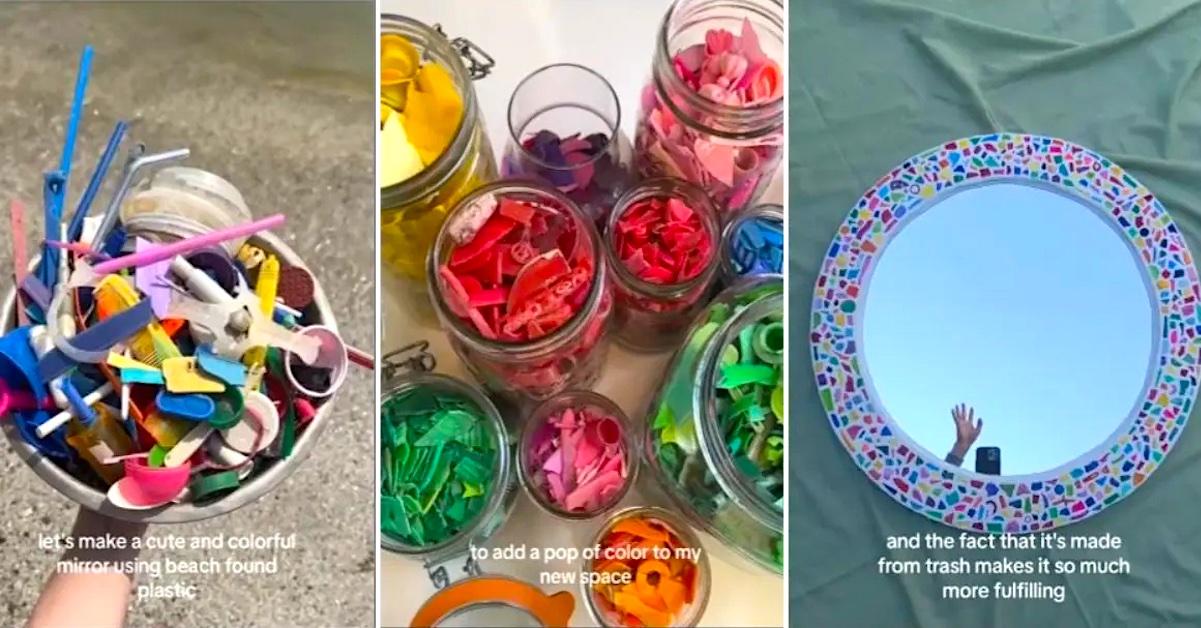 Three screenshots of a TikTok video showing beach trash and a mosaic mirror