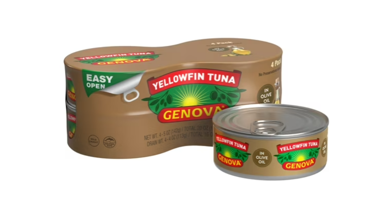 A pack of Genova canned tuna sits against a white background 
