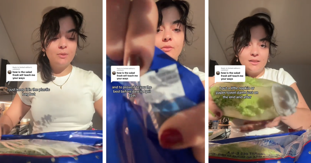 Woman explains how she keeps lettuce fresh using a napkin