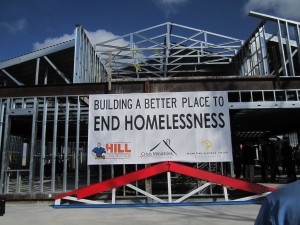 The ceremonial "topping out"  truss ready to be placed at Crisis Ministries' new building.